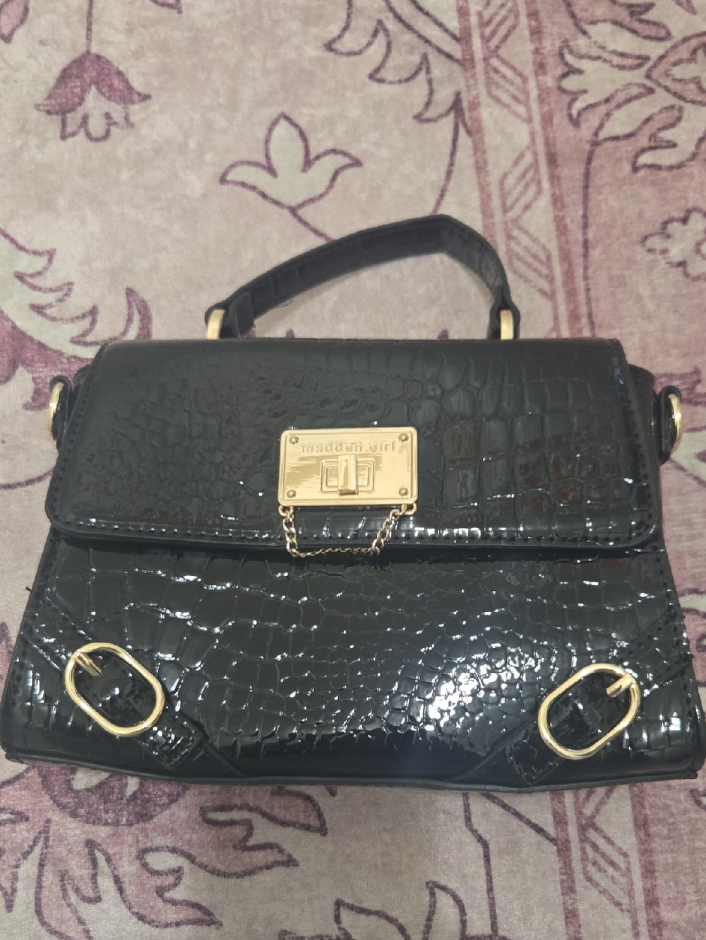 Madden Girl Black Croc-Embossed Satchel with Gold Hardware
